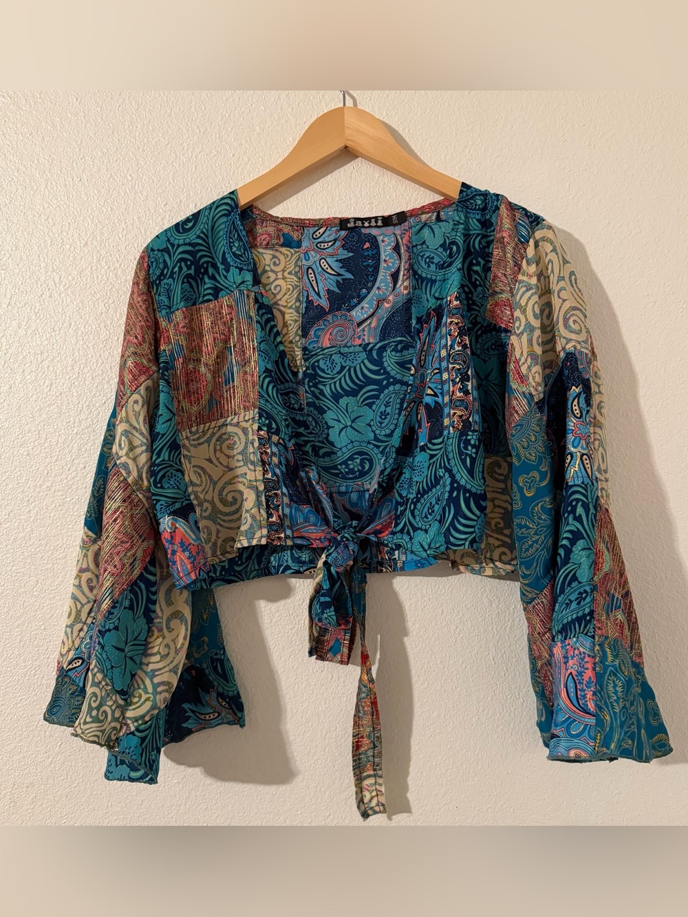 Jayli Hippie Patchwork Cotton Tie Front Kimono Multi Color Boho Top Rave Festive